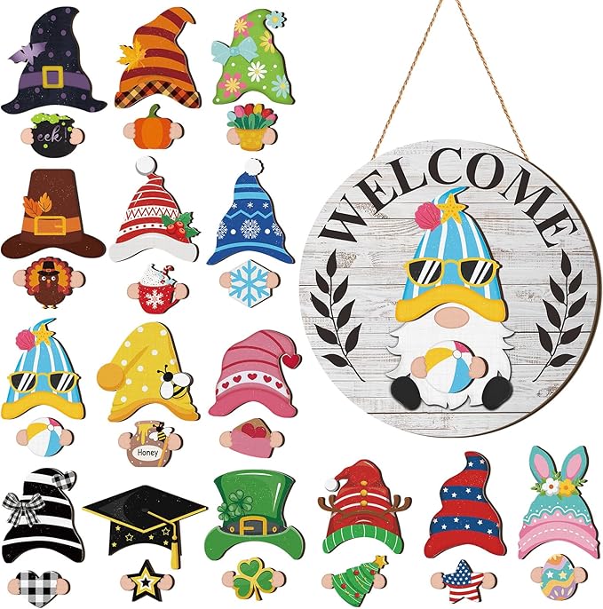 Qunclay Interchangeable Wooden Gnome Decor Holiday Seasonal Gnome Decorations with Magnet Pieces and Detachable Hats Changeable Welcome Sign for Home (Grey and White)