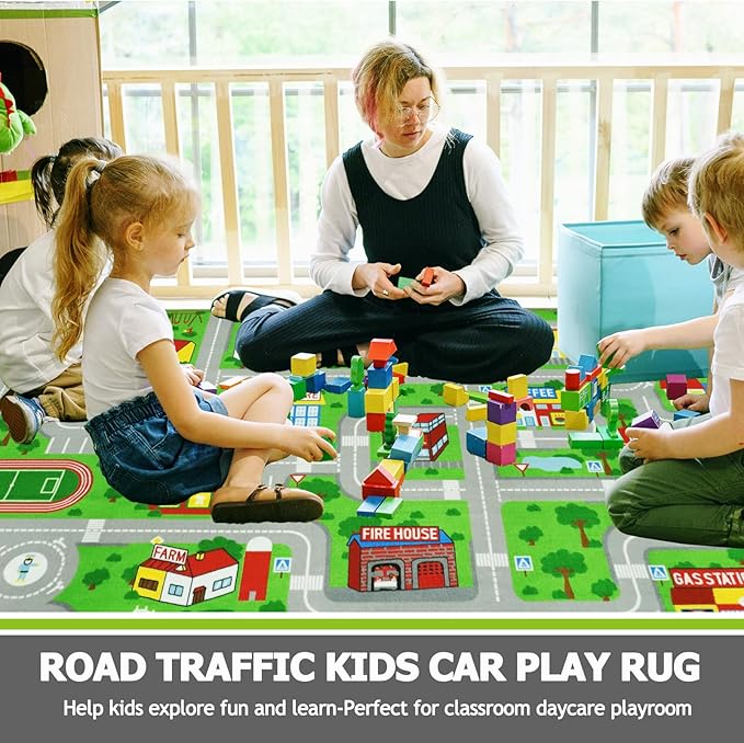 Capslpad Green Car Road Kid Rug Carpet Playmat for Playoom Traffic Road Kids Play Mat for Toddler Non Slip Washable City Map Race Track Carpet Rug for Kids Room Playroom Classroom Decor,6.6'x9.8'