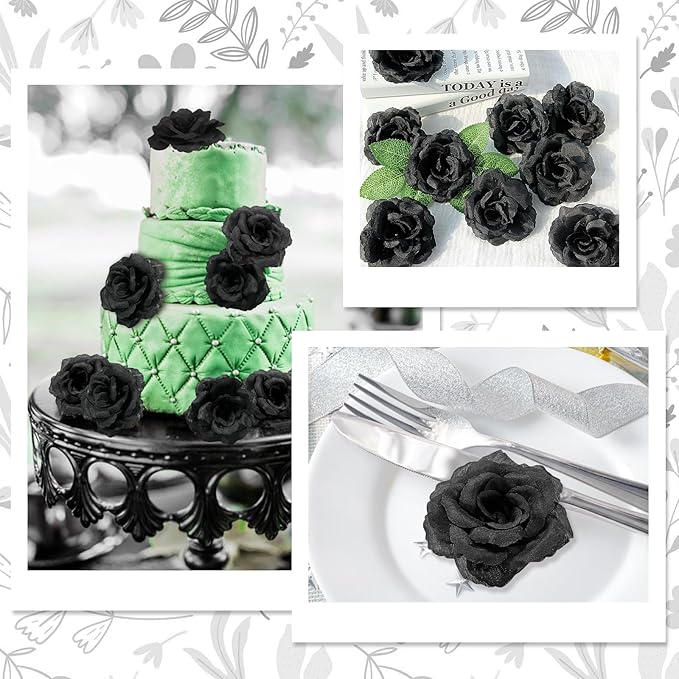 LELEE Rose Head Flowers with Stem - 108pcs Black Roses Artificial Flowers Bulk - Silk Rose Fake Flower for Bridal Gothic Wedding Bouquet Party Home Decor DIY Centerpieces Hotel Decorations