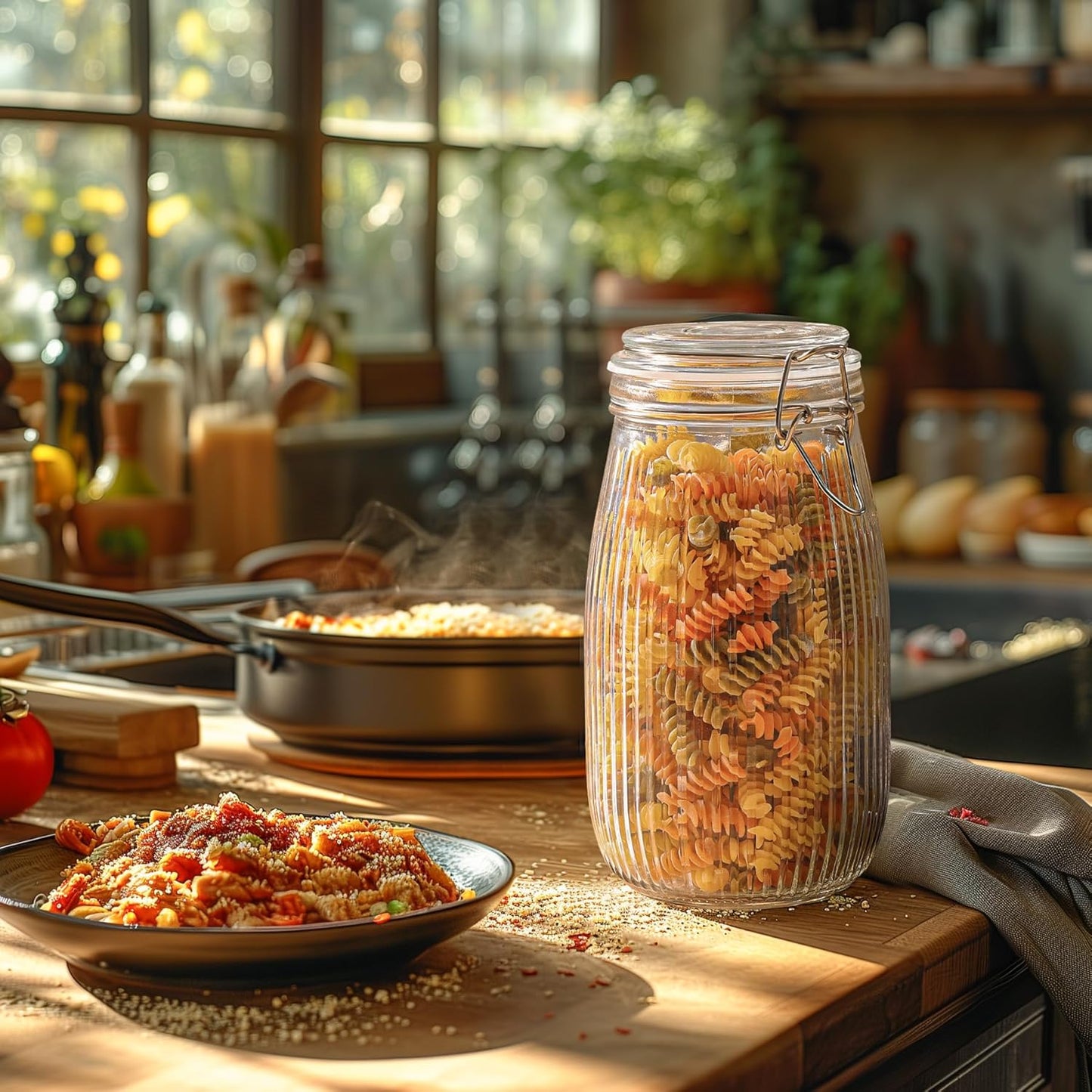 ComSaf Airtight Glass jar with lid 51oz Set of 3, Glass Storage Containers with Lids, Large Glass Canister, Striped Clip Fastening Jar for for Canning, Flour, Pasta,Coffee Beans, Cereal, Rice, Pickle