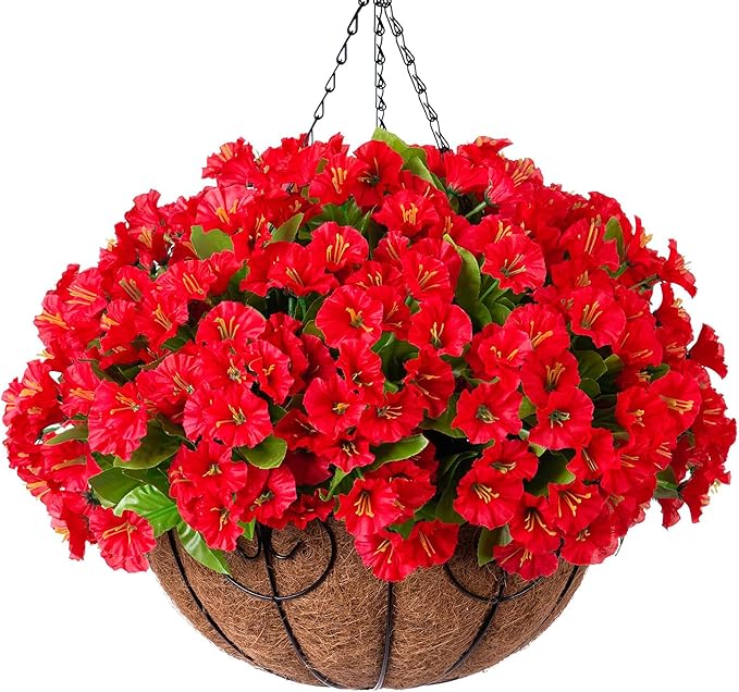 Ammyoo Artificial Hanging Flower Plants with Basket for Outdoor Decoration, Faux Petunias Flowers Fake Morning Glory Plants for Hanging Outside Patio Garden Porch Balcony Yard Spring Decor(Red)