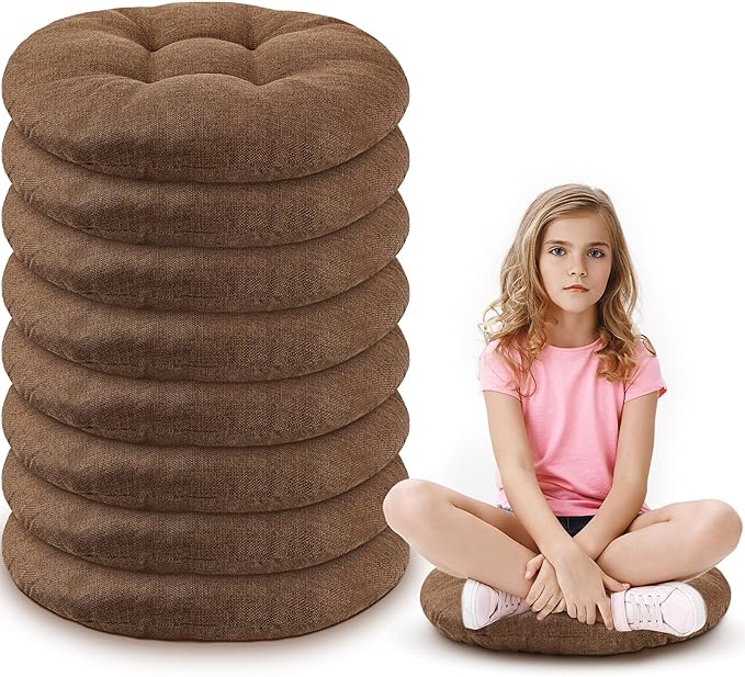 Fumete 8 Pcs 16 Inch Floor Cushions Pillow for Kids Bulk Classroom Round Flexible Seating Floor Cushions for Students Home Daycare School Reading Corner Yoga Meditation Picnic (Brown)