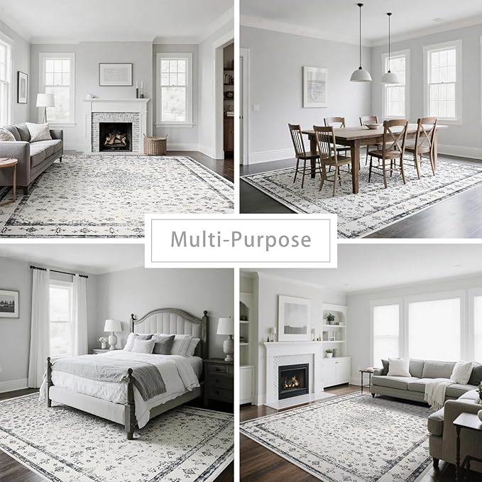Srugn Washable Rugs 8x10 Area Rugs for Living Room,Rugs for Bedroom,Large Carpets,Ultra Soft Faux Wool Retro Dining Room Rug,Non Slip&Non-Shedding Low Pile Vintage Print Rug for Home Office-Grey
