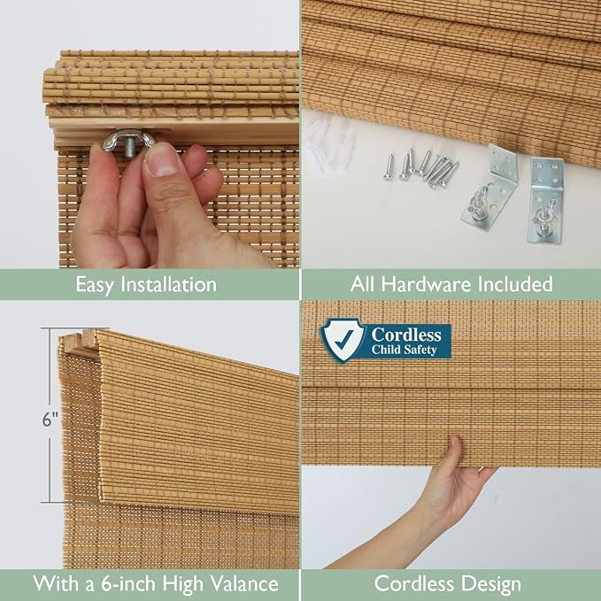Cordless Bamboo Roman Shades, Woven Wood Roman Blinds, Light Filtering Natural Blinds for Windows, Doors, Thrush Without Liner, 31" W x 64" H
