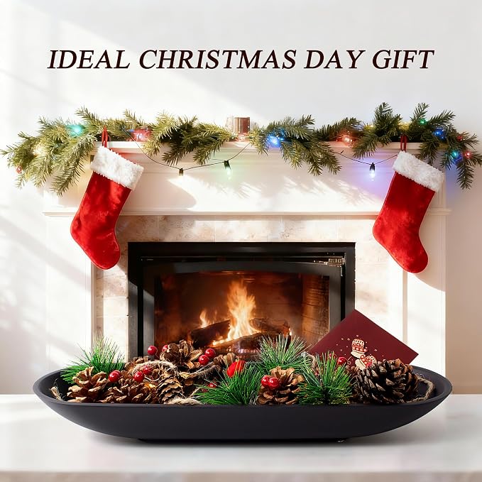 Long Decorative Bowl for Centerpiece, Dough Bowl for home decor 16" Black | Minimalist Design Dough Bowl Decor for Coffee Table and Dining Table Centerpiece. Clutter Organizer with Anti-Slip Base