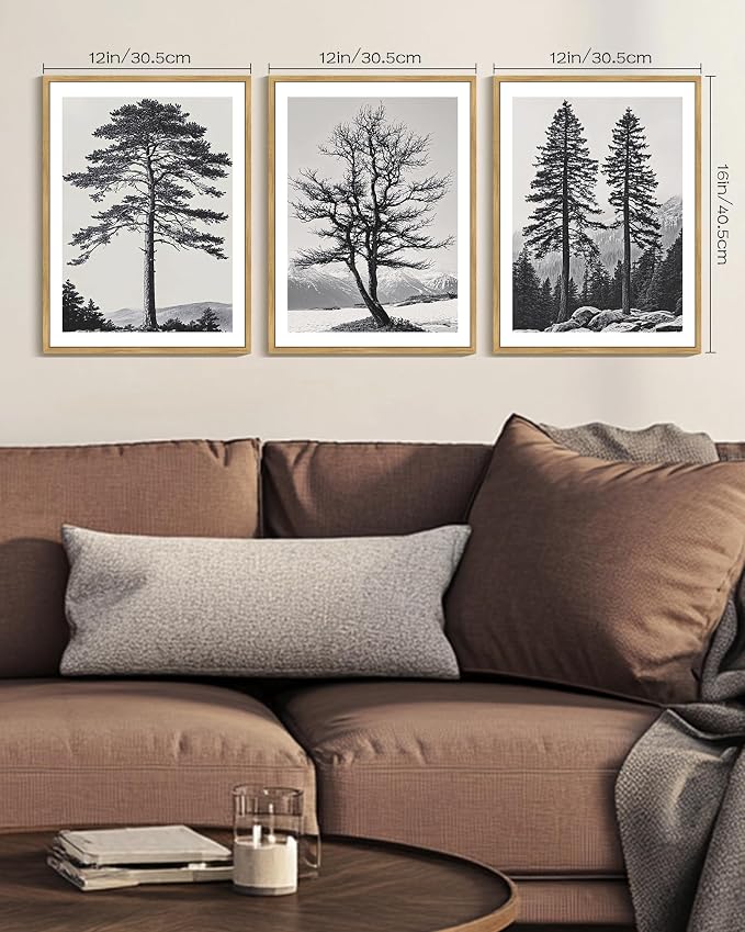 PHOPAGO Vintage Antique Tree Framed Wall Art Black and White Retro Forest Wall Decor Nature Wilderness Sketch Paints Modern Decor - 12x16in Natural Framed