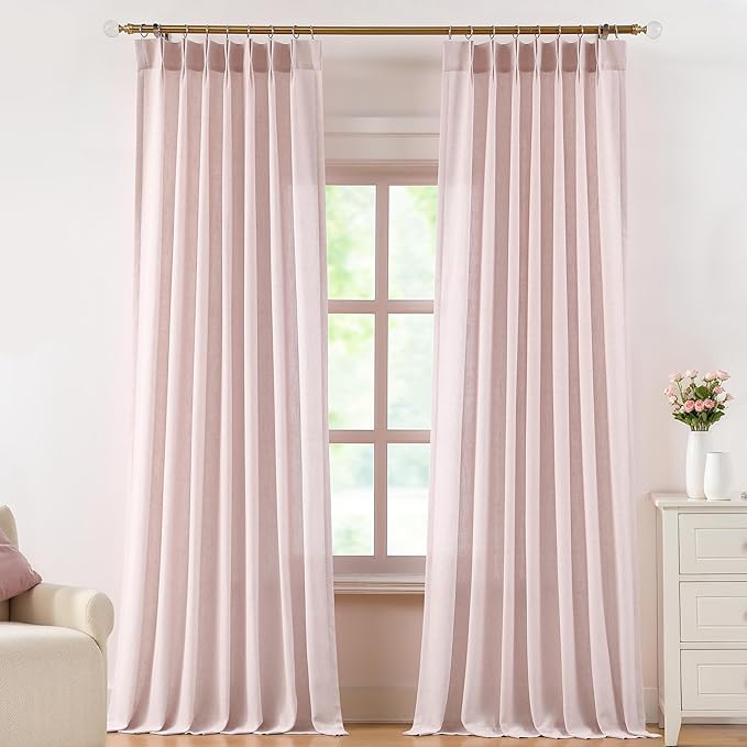 Central Park Pink Pinch Pleat Light Filtering Window Curtain Panels with Microfiber Liner Linen Blended Textured Privacy Drape 102 Inch Long for Living Room Bedroom with Back Tabs Hooks, 40"Wx102"Lx2