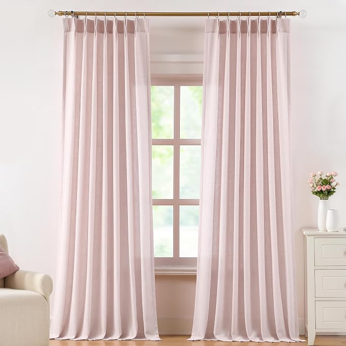 Central Park Pink Pinch Pleat Light Filtering Window Curtain Panels with Microfiber Liner Linen Blended Textured Privacy Drape 112 Inches Long for Living Room Bedroom with Back Tabs Hooks, 40"x112"x2