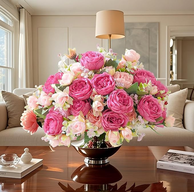 peonies artificial flowers 12 Bundles pink flowers bouquet, Lifelike Silk Fake Peonies with Stems for Home Table Centerpieces, Wedding, Party & DIY Bridal Floral Arrangements (Rose red + pink)