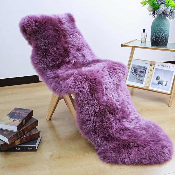 AOGELAN Genuine Sheepskin Rug, Shaggy Fur Fluffy Fuzzy Soft Area Rug for Bedroom Living Room Fur Wool Pray Throw Pup Area Cushion, Chair Sofa Seat Cover(Pansy Purple, Double Pelt/2FT*6FT)