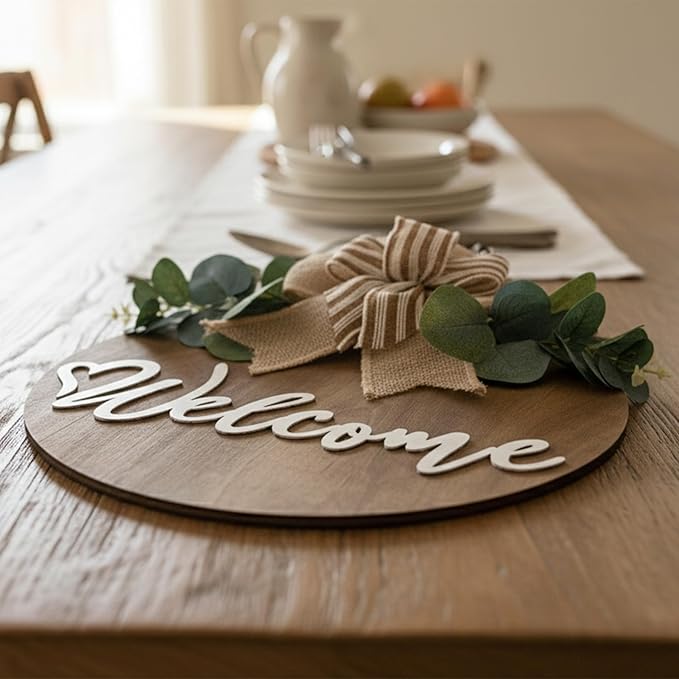 CondorPasea 12 Inch 3D Welcome Sign for Front Door, Round Wooden Welcome Door Sign with Artificial Greenery, Buffalo Plaid Bow & Rustic Beads, Farmhouse Porch Home Decor Gift
