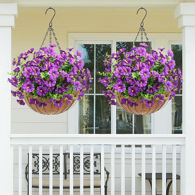 MARTINE MALL 12 Bundles Look Real Artificial Flowers for Outdoors, Realistic Fake Outdoor Flowers, UV Resistant Silk Petunia Flowers for Outside Faux Flowers Plants for Outdoor Porch, Purple