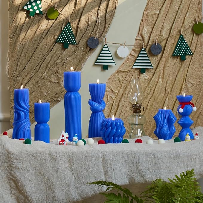 7-Pack Pillar Candles - Soy Wax Handmade Ribbed Candles for Home Decor, Housewarming Gift, Shelf & Table Decor - Aesthetic Modern Candles Set (Blue)