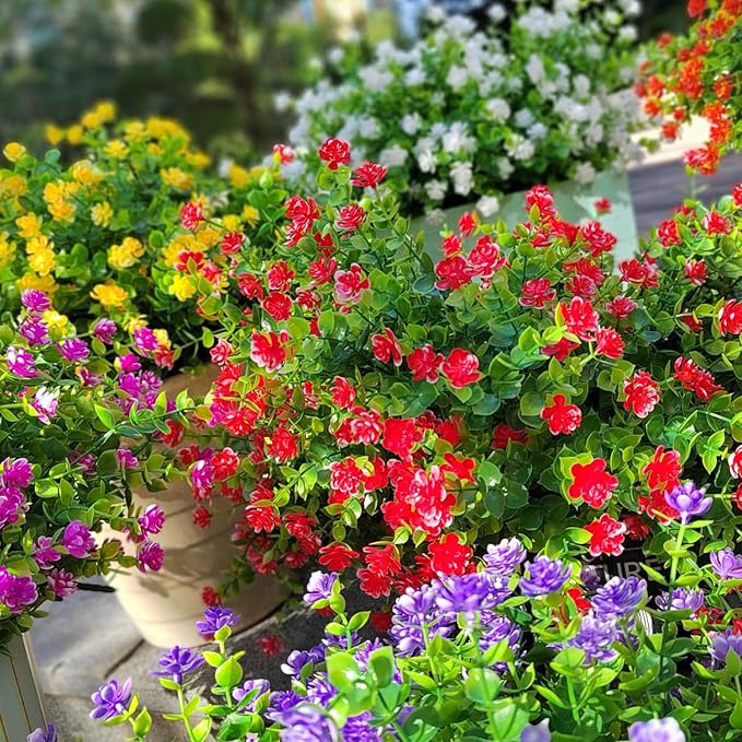 Grunyia 12 Bundles Artificial Flowers for Outdoors, UV Resistant Fake Flowers with Plastic Plants, Faux Flowers for Outside Window Box Front Porch Hanging Planter Decor (Red)