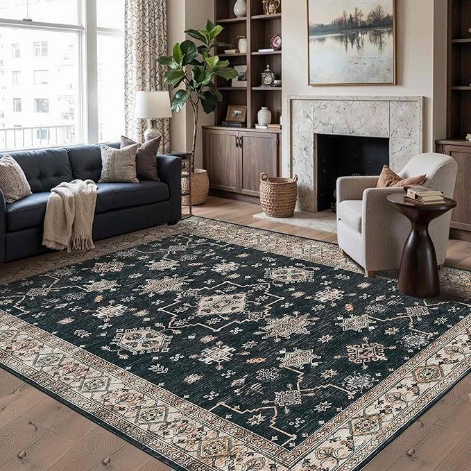 Rugxara 6x9 Area Rugs for Living Room Bedroom, Large Washable Rug, Black Vintage Floral Boho Rug, Non Slip & Low Pile Faux Wool Thin Carpet for Indoor Dining Room, Dorm and Kids Room(Black 6x9ft)