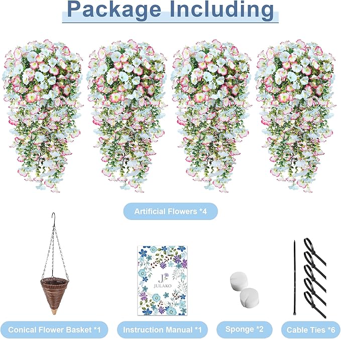 Artificial Hanging Flowers with Basket, 480 Blooms UV Resistant Faux Morning Glory Silk Plants, Fast & Easy Assembly Fake Hanging Baskets for Outdoor Porch Patio Garden Decor, Blue&White