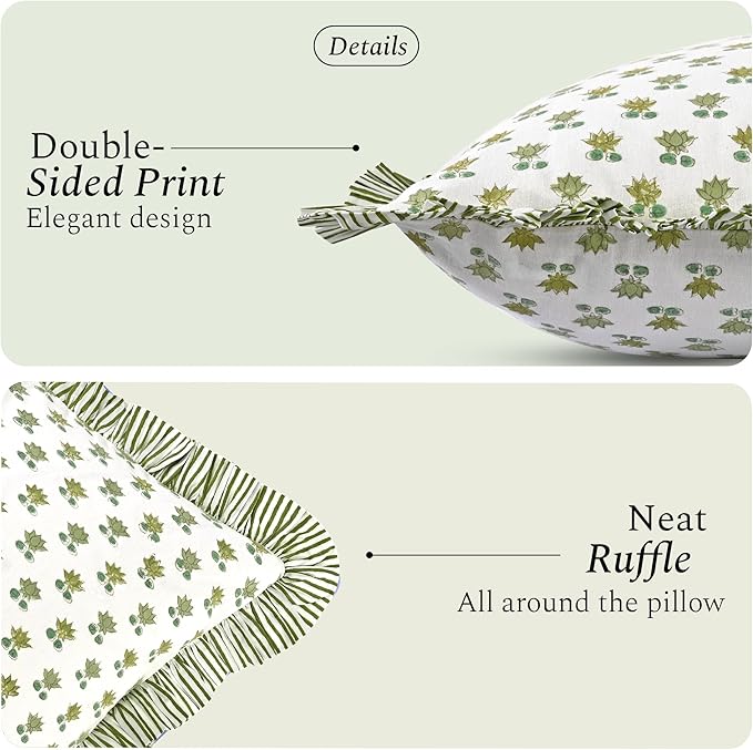 CPC Lotus Meadow Hand Block Print 100% Cotton Ruffle Throw Pillow Cover 20x20 inch with Hidden Zipper Decorative for Couch, Bed, Sofa, Farmhouse, Cottagecore Decor Gift Christmas Fall Thanksgiving