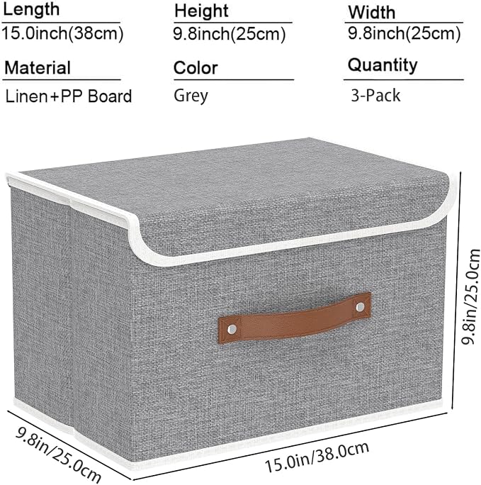 Yawinhe Collapsible Storage Bin, Cube Organizer Basket, Fabric Box with Lids, Washable and Leather Handle, for Home, Closet, Grey, 15.0''Lx9.8''Wx9.8''H, 3-Pack, USNK024GL-3