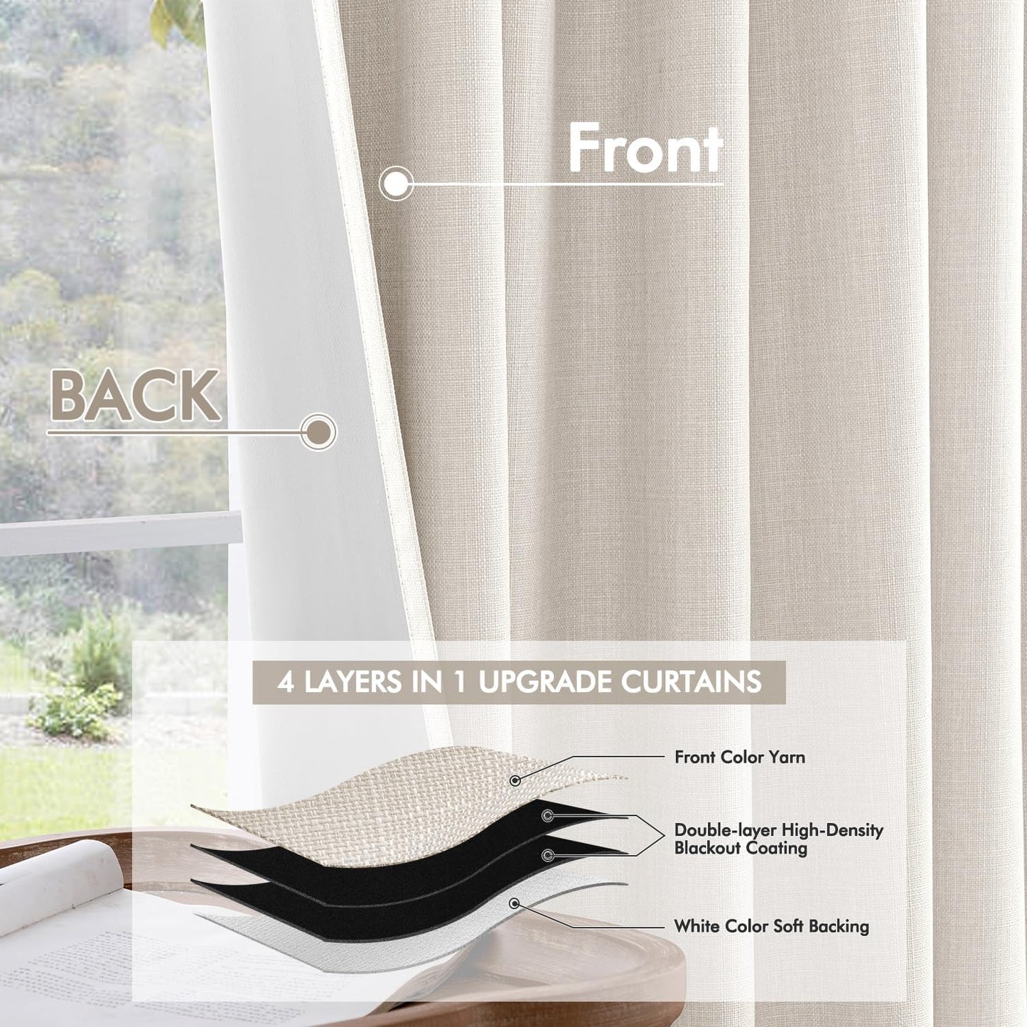 MIULEE 100% Blackout Curtains 108 Inch Long 2 Panels for Bedroom, Thick Luxury Faux Linen Black Out Curtain Room Darkening Back Tab Pleat Window Textured Drapes with Hooks for Living Room, Ivory