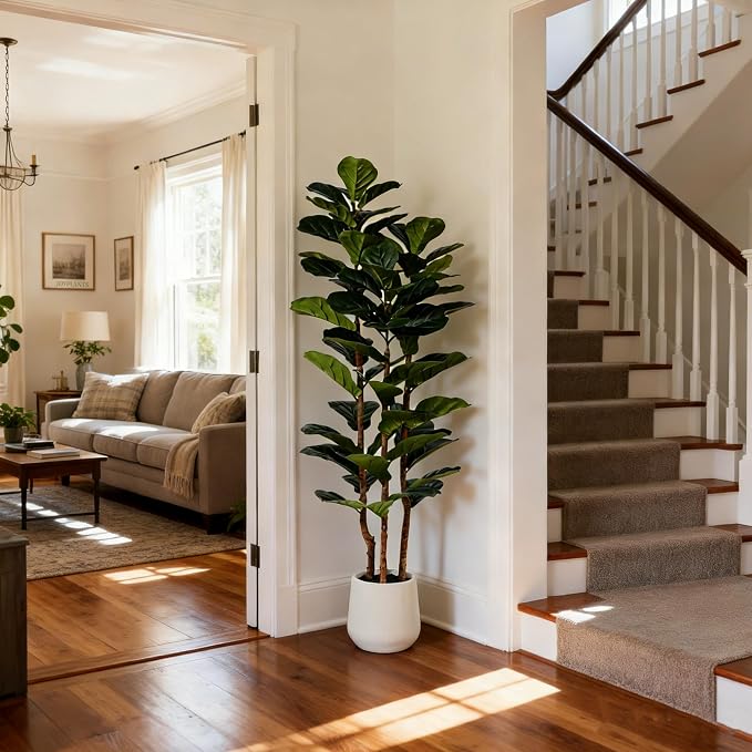 5ft Fake Fiddle Leaf Fig Tree, Realistic Fake Plants with Natural-Looking Trunk, Evergreen Faux Plants Indoor for Home & Office Decor（3 Poles, White Pot）