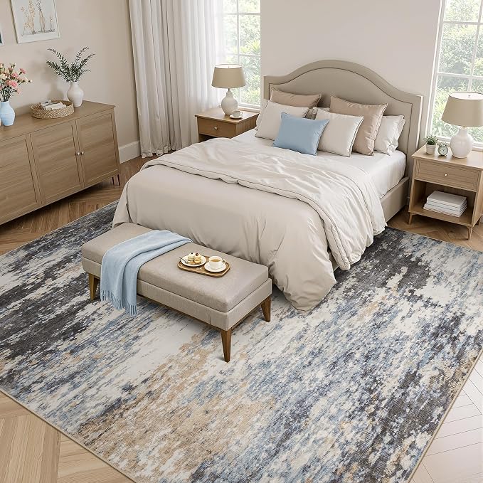 Lofus 9x12 Area Rug for Living Room, Abstract Large Rugs with Non-Slip Backing, Neutral Modern Washable Carpet for Bedroom Dining Room Home Office Nursery Indoor,Dark Grey/Blue