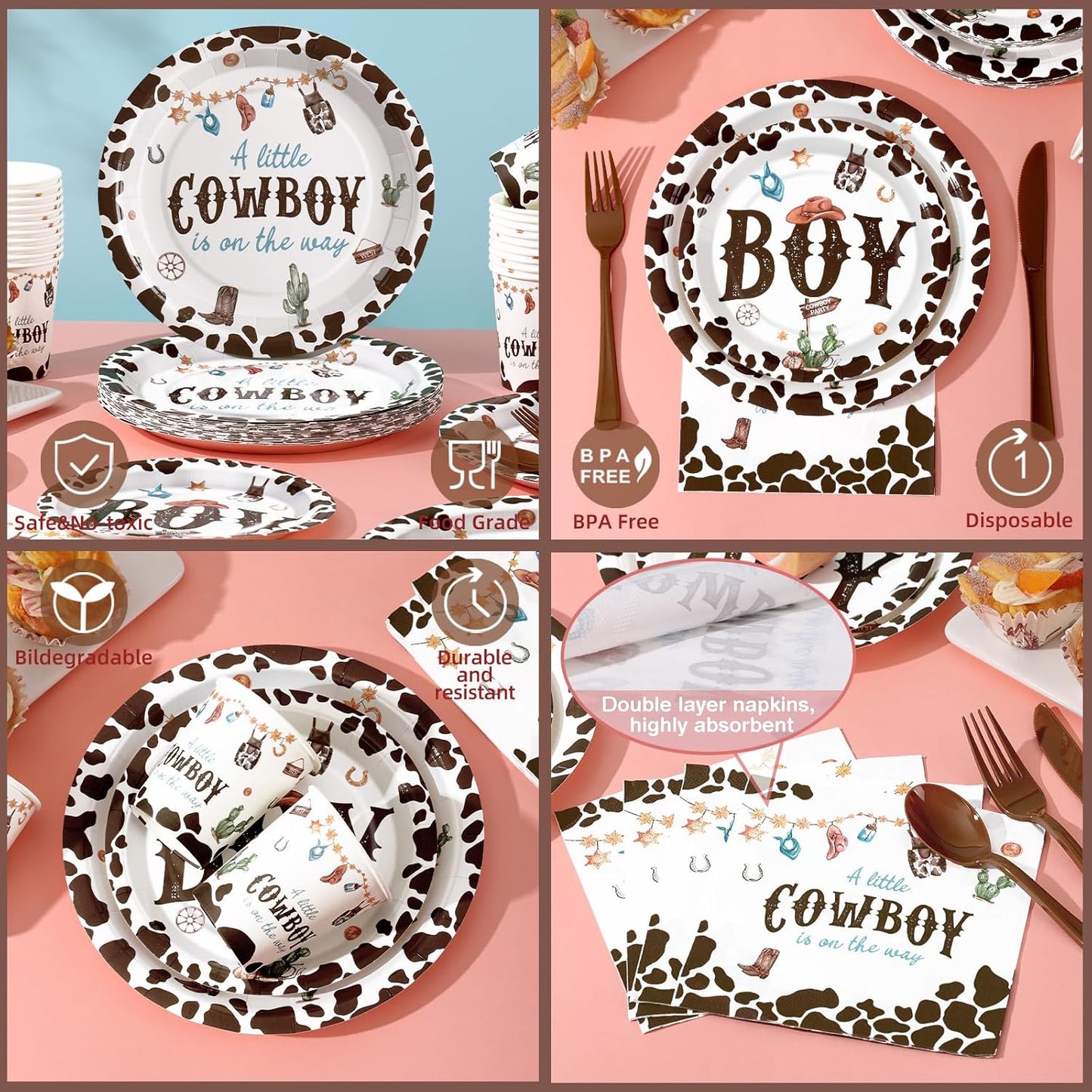 168 Pcs Cowboy Baby Shower Decorations, A Little Cowboy is on the Way Boy,Baby Boy Shower Plates and Napkins Sets Serves 24, Western Baby Shower Decorations, Its A Boy, Brown