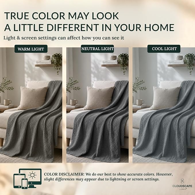 CLOUDSCAPE 4 Layer Muslin Blanket for Adults - 100% Cotton Throw Blanket - 50"x70" Oversized Gauze Throw for Sofa, Couch - Soft Lightweight Breathable Muslin Cotton Throws for Summer - Sharkskin