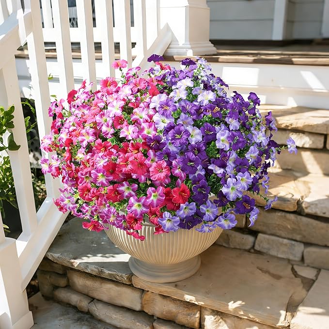 Artificial Flowers for Outdoors Decoration, 20 Bundles Fuchsia Faux Morning Glory with Eucalyptus Look Real UV Resistant Fake Plants Silk Flowers for Outside Yard Gardens Porch Patio Planter Home Urn