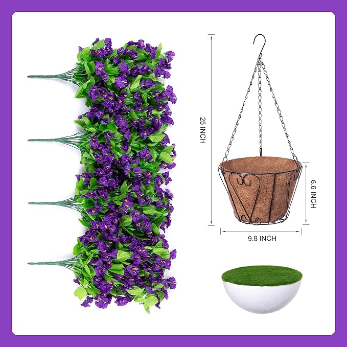 Ammyoo Artificial Faux Hanging Flowers Basket for Spring Summer Outdoor Porch Decor, Fake Silk Colorful Morning Glory Eucalyptus in Planter UV Resistant Look Real for Home Balcony Yard(Dark Purple)