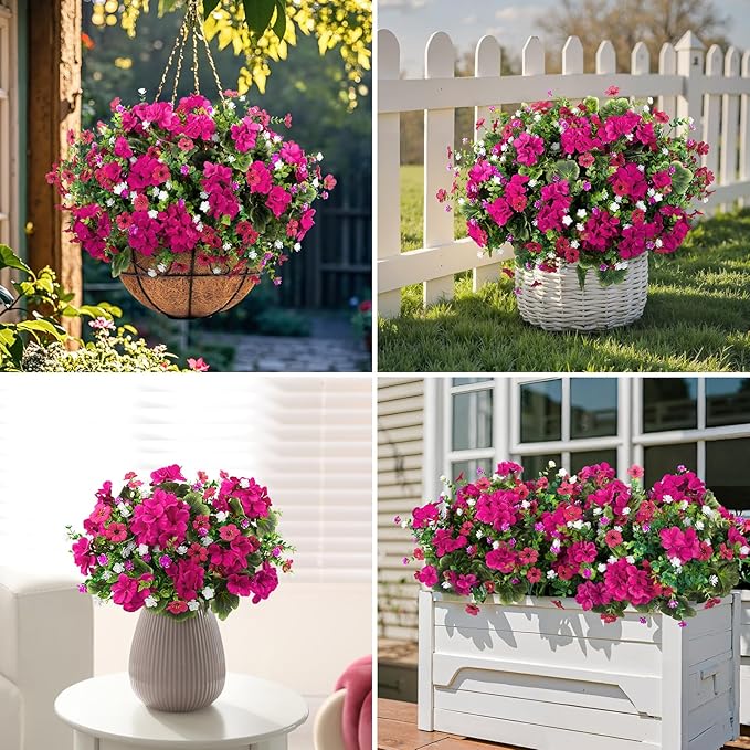 Ouddy Decor 18'' Artificial Geraniums Flowers for Outdoors, 10 Bundles Mixed Fake Silk Flowers Plastic Plants UV Resistant for Summer Garden Porch Patio Planter Home Decor, Fuchsia