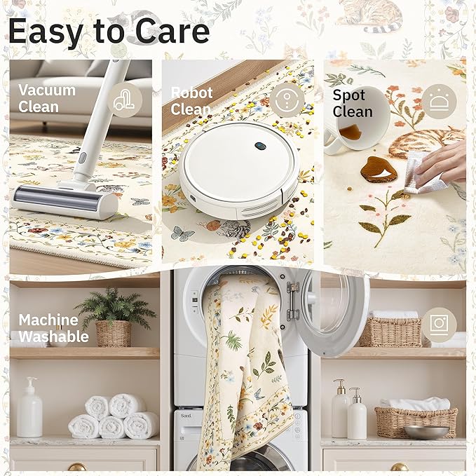 Soalmost Cat 9x12 Area Rugs for Living Room, Machine Washable Animal Floral Vintage Rug Non-Slip Low Pile Soft Throw Large Rugs for Bedroom Dining Room Kitchen Nursery Playroom (9 x 12,Beige)