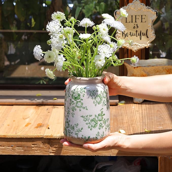 Ronasip Vintage Blue and White Chinoiserie Ceramic Vase, 6.9” Hand-Painted Peony Floral Design, Antique Style Vases for Home Decor, Centerpieces, Living Room, Balcony (Green and White)