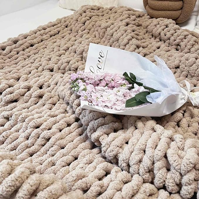 Soft Chunky Knit Throw Blanket for Couch, Cozy Warm Knitted Blankets | Hand Knit with Jumbo Chenille, Lightweight Warm Fluffy Decor for Women, Mom, Her & Girls, Sofa, Chair, Bed, 48"x71" (Tan)