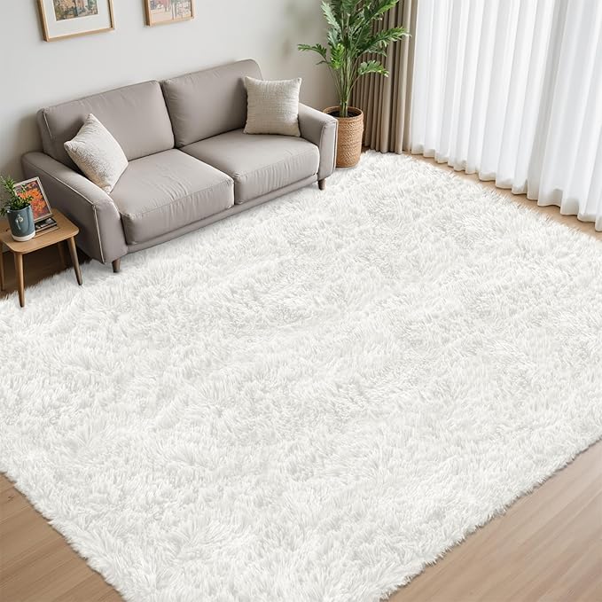 5x7 Area Rug for Living Room:Ultra Soft Fluffy Shag White Rugs,Large Fuzzy Plush Indoor Non Slip Carpet Washable Rug for Bedroom Kids Nursery Office Dorm Modern Decor(White 5'x7')