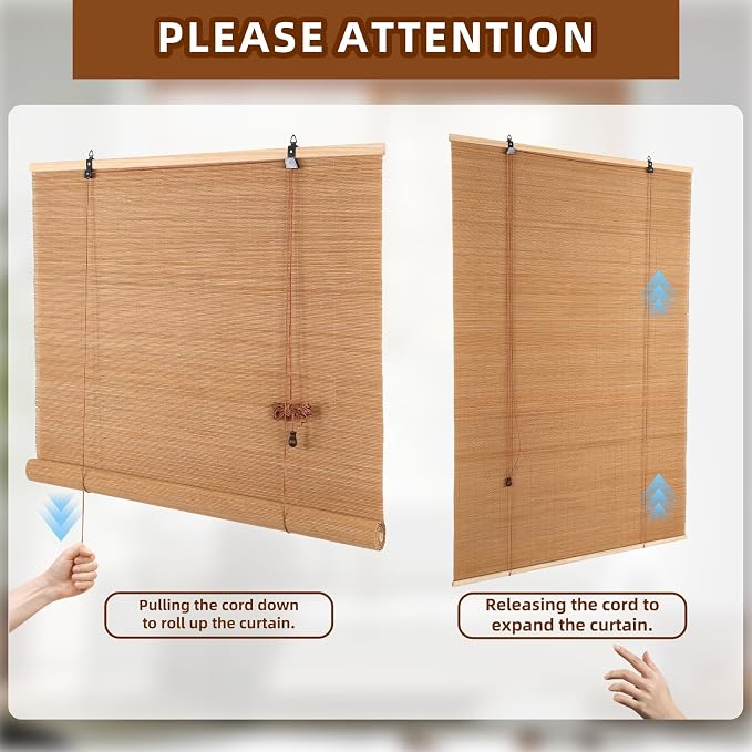 Outdoor Bamboo Roller Blinds Shades, Vertical Lifting and Breathable Waterproof Design, Sun Shade, Blackout and Ventilation, Easy Installation,35" W×72" H