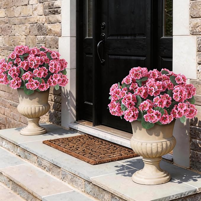 GLIDLION 12 Bundles Artificial Geranium Flowers for Spring Summer Decor, UV-Resistant Fake Plants Realistic Faux Silk Bouquets for Front Door Farmhouse Garden Porch Home Outdoor Decor (Peach Pink)