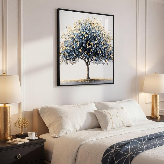 Framed Square Tree of Life Wall Art, Blue Gold Modern Money Tree Painting Prints, Minimalist Elegant Luxury Abstract Tree Artwork for Living Room Bedroom Kitchen Hallway Office Home Decor, 30x30 Inch
