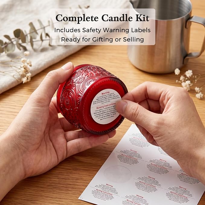 4 oz Red Sun Moon Stars Candle Jars with Bamboo Lids, 18 Pack | Patented Embossed Design, Includes Wick Centering Devices & Warning Labels, Multiple Color Options