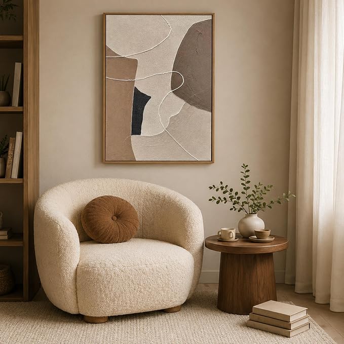 Kabcod Large Beige Brown Abstract Wall Art 3D Textured Oil Painting, Neutral Large Abstract Geometric Picture Wall Decor Framed Artwork Boho Entrance Home Decor Ready to Hang (24" W x 36" L)