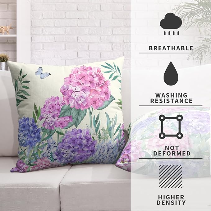 Pink Hydrangea Pillow Covers Spring Flowers Outdoor Pillow Covers 18x18 Set of 2 Purple Pink Hydrangea Eucalyptus Pillow Case Cotton Linen Cushion Case for Sofa Garden Patio