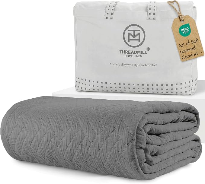 Threadmill Luxury Cotton Blankets for Queen Size Bed | All-Season 100% Cotton Queen Size Blanket | Criss Cross Jacquard Cozy Lightweight, Soft Breathable Coverlet fits Full Size Bed, 90x92 | Dark Grey