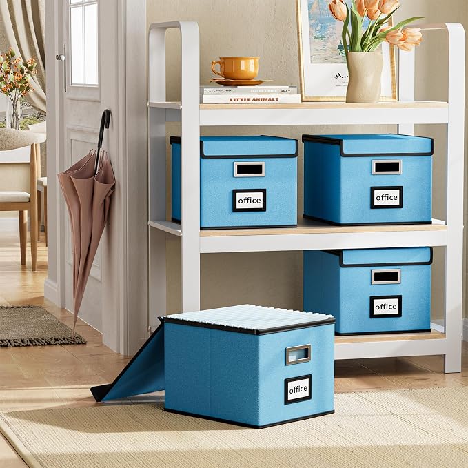 Decorative File Organizer Document Storage Boxes with Lids, Linen Hanging Filing Storage Boxes, Decorative Home/Office Filing System for File and Folders Storage