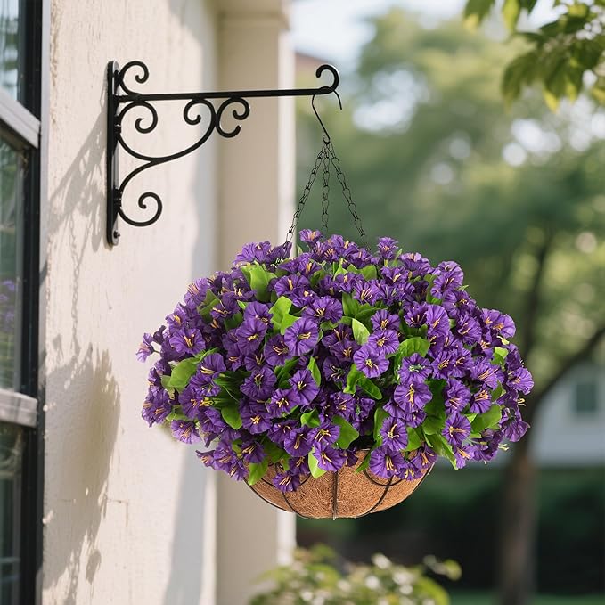 Ammyoo Artificial Hanging Flower Plants with Basket for Spring Summer Outdoor Decoration, Faux Petunias Flowers Fake Morning Glories Planter for Outside Patio Garden Porch Balcony Yard Decor(Purple)
