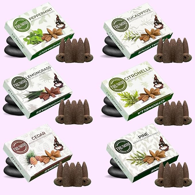 Leafy - Backflow Incense Cones for Waterfall - Scented Inscents-Cones - Peppermint, Citronella, Pine, Cedar, Eucalyptus, Lemongrass - Insiensos Aromaticos - 6x10=60 Large Variety Pack