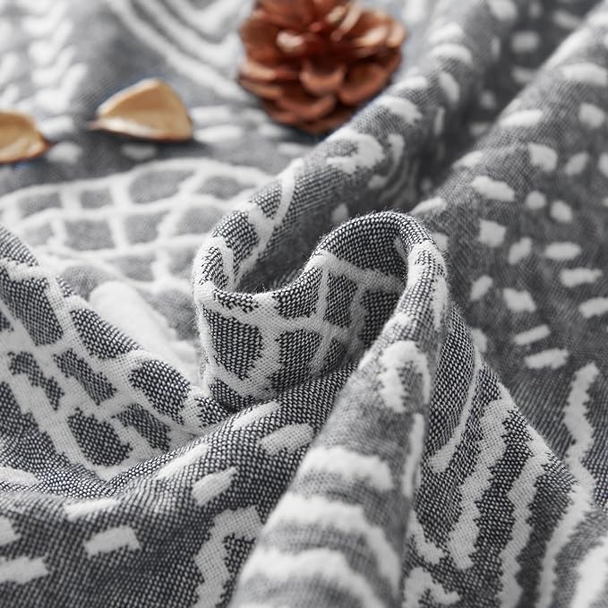 jinchan Boho 100% Cotton Muslin 50x60 Throw Blanket Lightweight 3 Layer Grey Blanket Washable Reversible Breathable Decorative Geometric Striped Patterned Gray Soft Cozy for Sofa Bed All Season Gift