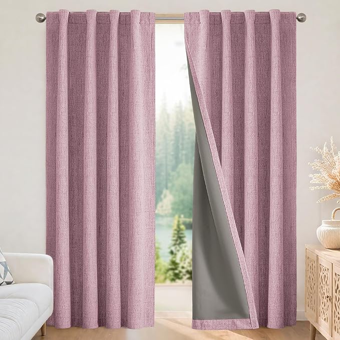 Joydeco Blackout Curtains for Bedroom - 100% Light Blocking 2 Panels Set Pink Drapes 42" W x 72" L, Thermal Insulated Room Darkening Curtains, Linen Textured for Living Room, Rod Pocket & Back Tabs