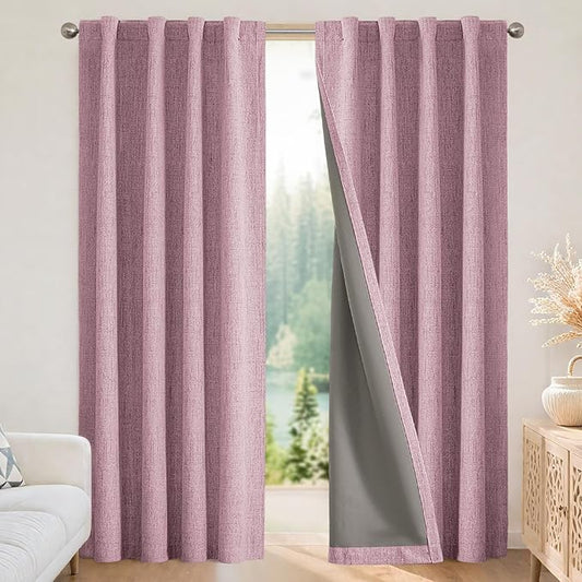 Joydeco Blackout Curtains for Bedroom - 100% Light Blocking 2 Panels Set Pink Drapes 42" W x 72" L, Thermal Insulated Room Darkening Curtains, Linen Textured for Living Room, Rod Pocket & Back Tabs