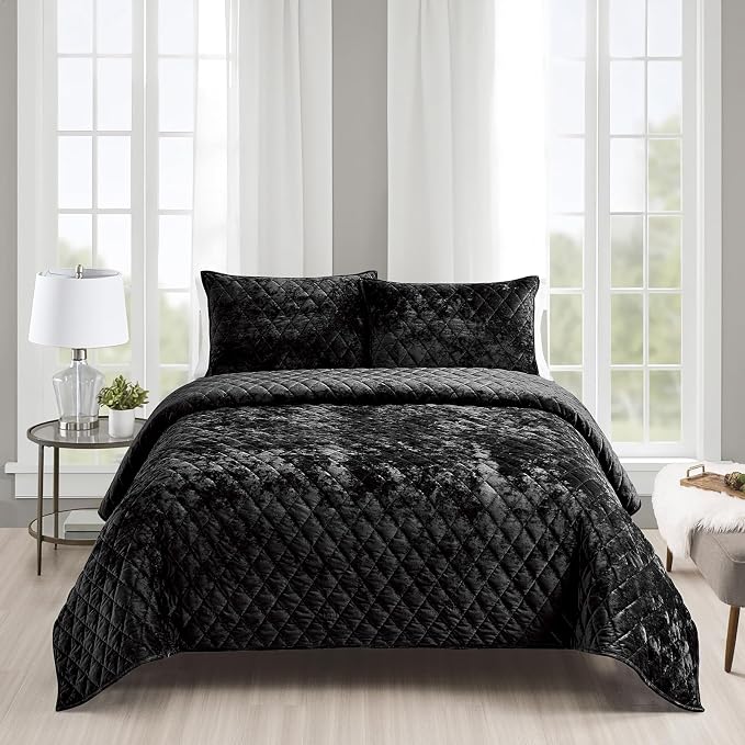 Fredsure Distressed Velvet Quilt Set, 3 Pieces Black King, Distressed Velvet Face and Brushed Microfiber Reverse, with Diamond Quilting