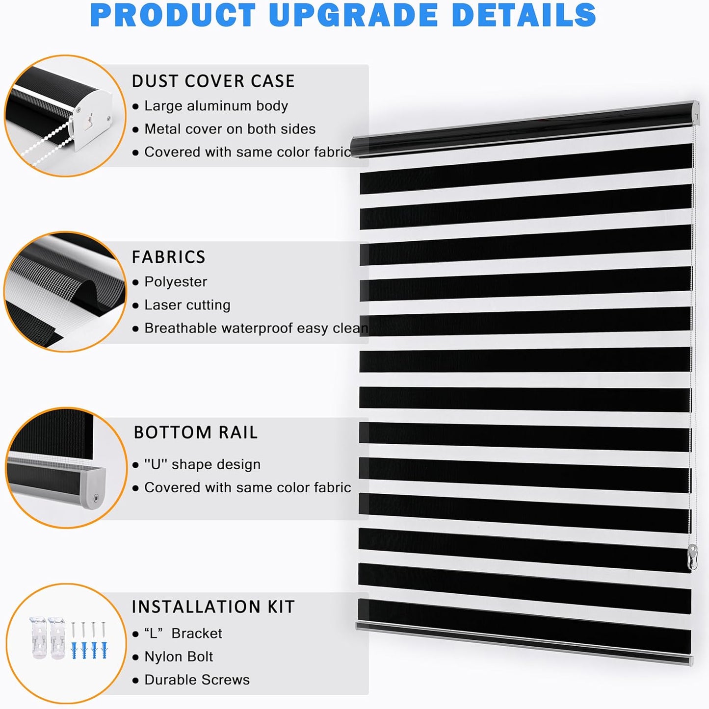 Blackout Zebra Blinds, Dual Layer Free-Stop, Room Darkening Zebra Shades, Blinds for Indoor Windows, Light Filtering Privacy Sheer Shade for Home(61" W X 72" H, Black)