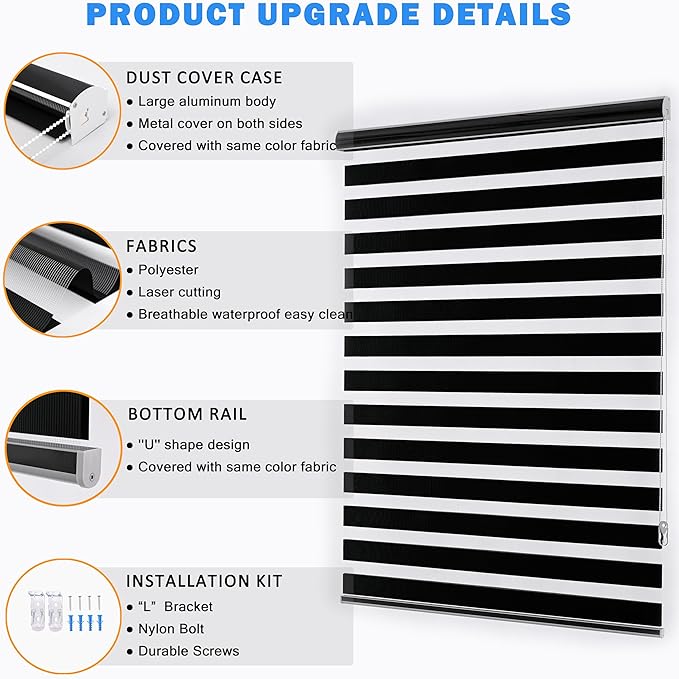 Blackout Zebra Blinds, Dual Layer Free-Stop, Room Darkening Zebra Shades, Blinds for Indoor Windows, Light Filtering Privacy Sheer Shade for Home(68" W X 72" H, Black)